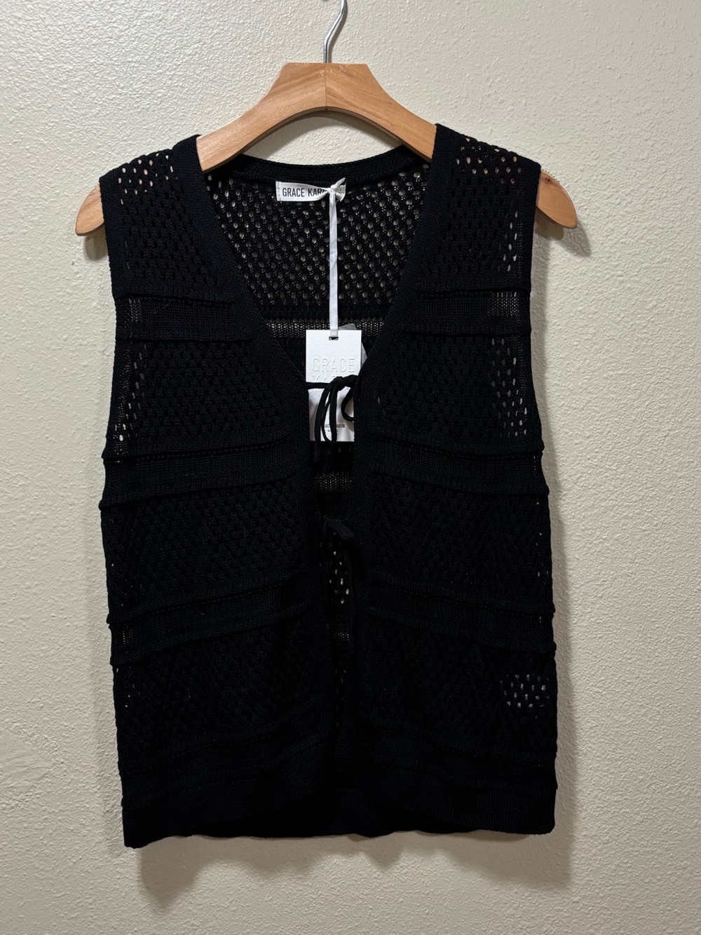 GRACE KARIN black crochet tie-front sweater vest